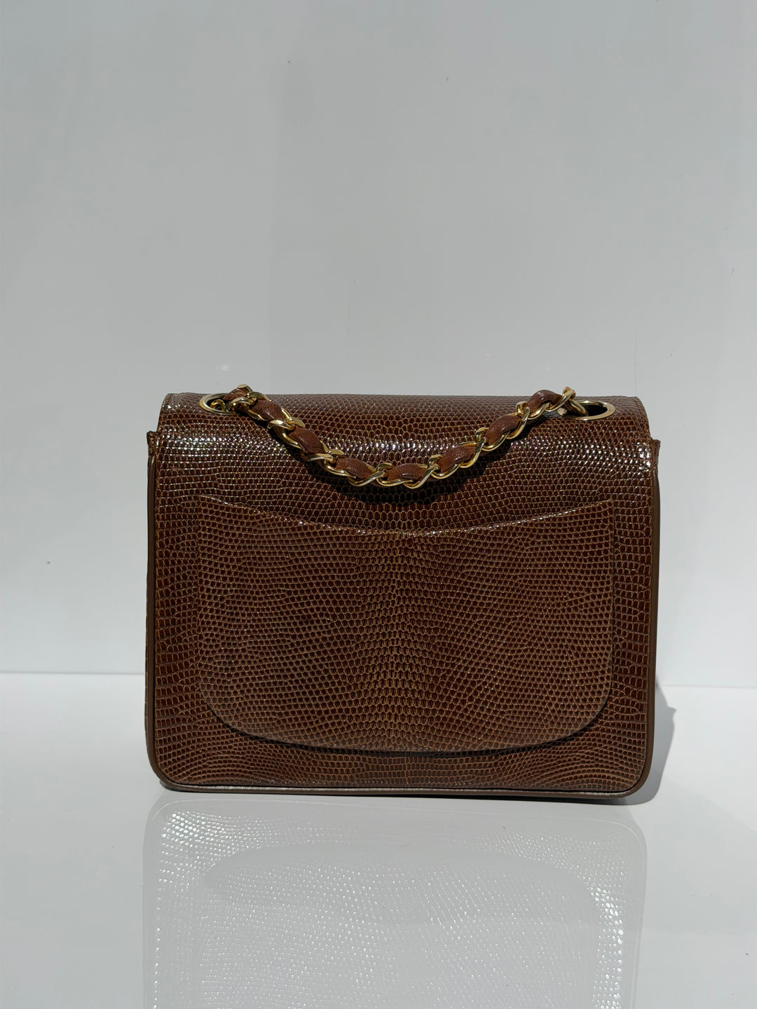 Chanel Brown Vintage Lizard Mini Square Flap Bag 24K Plated Gold Hardware 1986