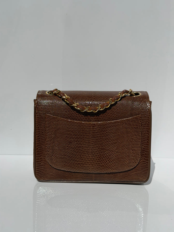 Chanel Brown Vintage Lizard Mini Square Flap Bag 24K Plated Gold Hardware 1986