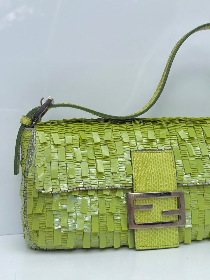 Fendi Lime Green Sequin Baguette Python Trim Silver Hardware 2000