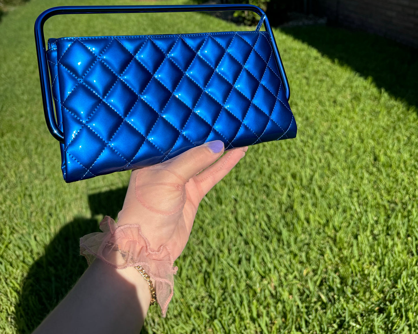 Chanel Classic Flap Patent Metallic Blue Frame Clutch