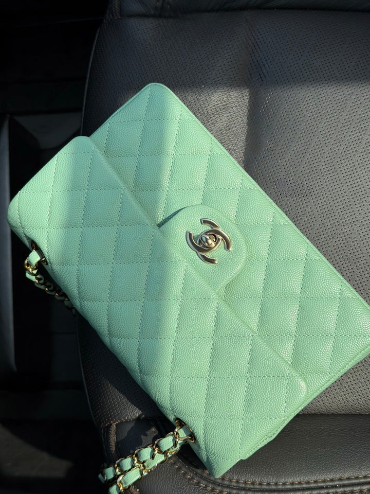 Chanel Small Classic Double Flap Caviar Green Light Gold Hardware 2023
