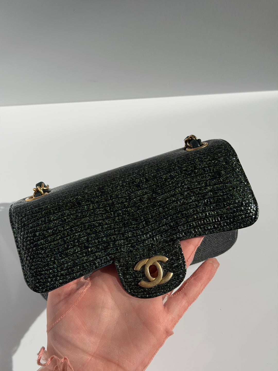 Chanel Mini Flap Green Lizard Brushed Gold Hardware 2018