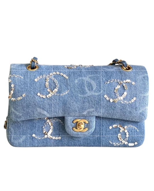Chanel 23b Medium Denim Sequin CC Classic Flap Bag