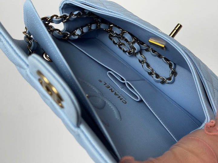 Chanel Small Classic Double Flap Caviar Light Blue Light Gold Hardware 2023