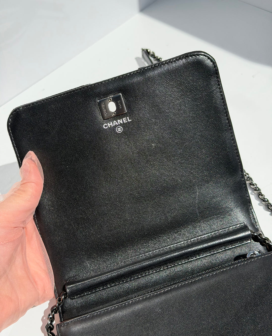 Chanel Black Mixed Media Patchwork Square Wallet on Chain Silver Hardware 2018