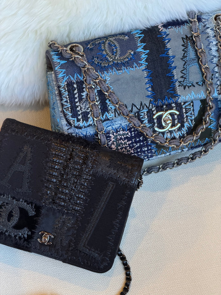 Chanel Black Mixed Media Patchwork Square Wallet on Chain Silver Hardware 2018