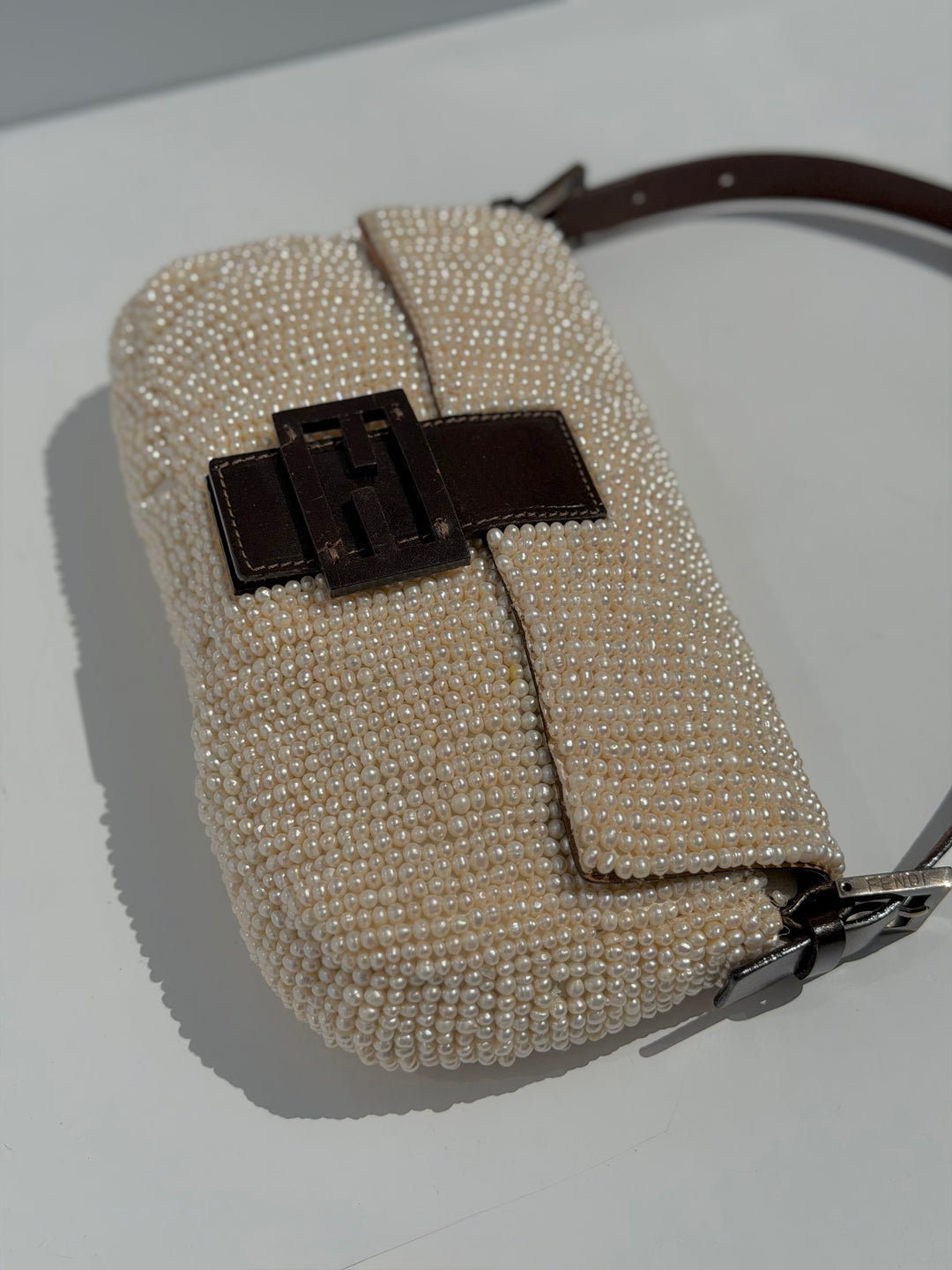 Fendi Pearl Embellished Baguette Brown Leather Trim Silver Hardware 2009