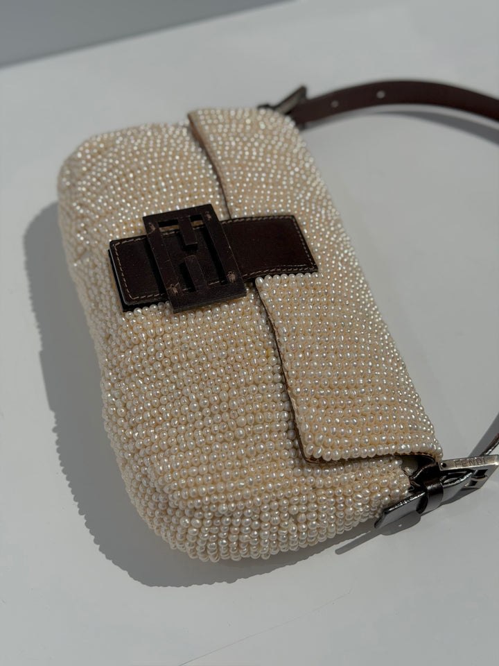 Fendi Pearl Embellished Baguette Brown Leather Trim Silver Hardware 2009