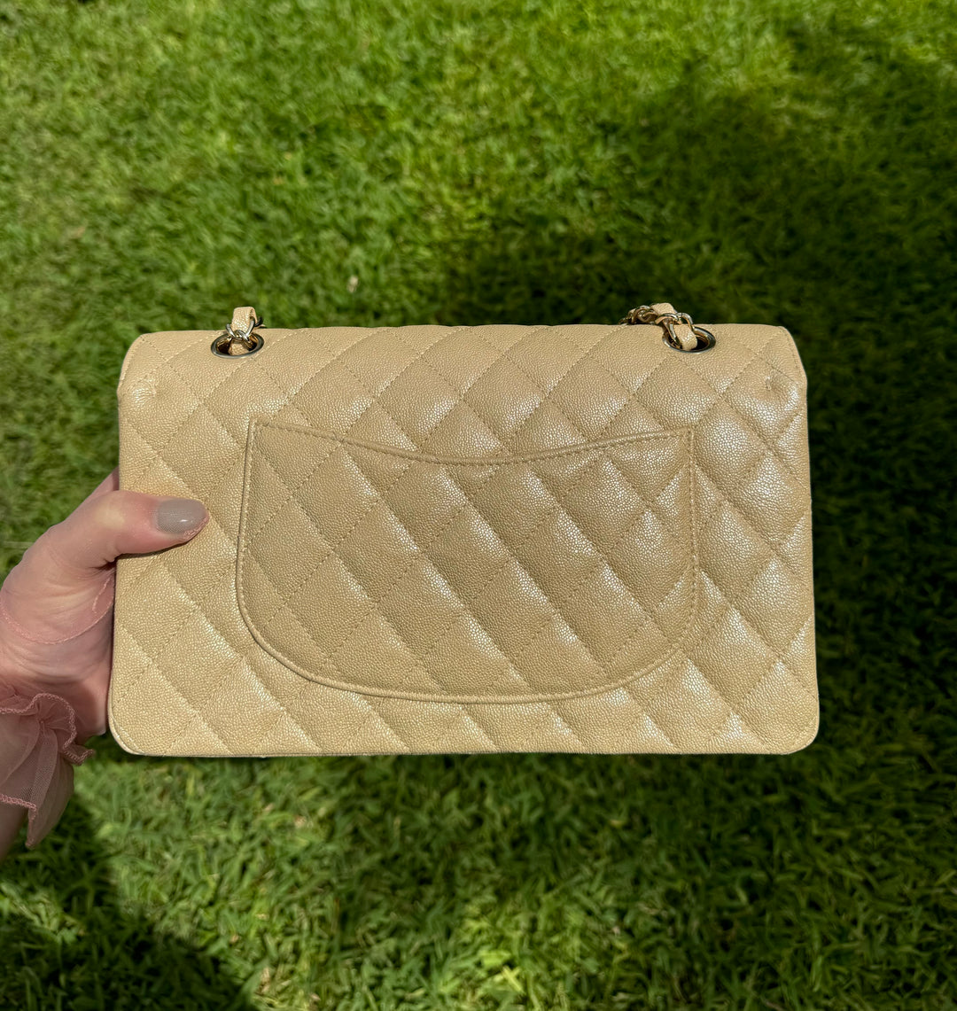 Chanel 19S Beige Iridescent Medium Caviar Classic Flap