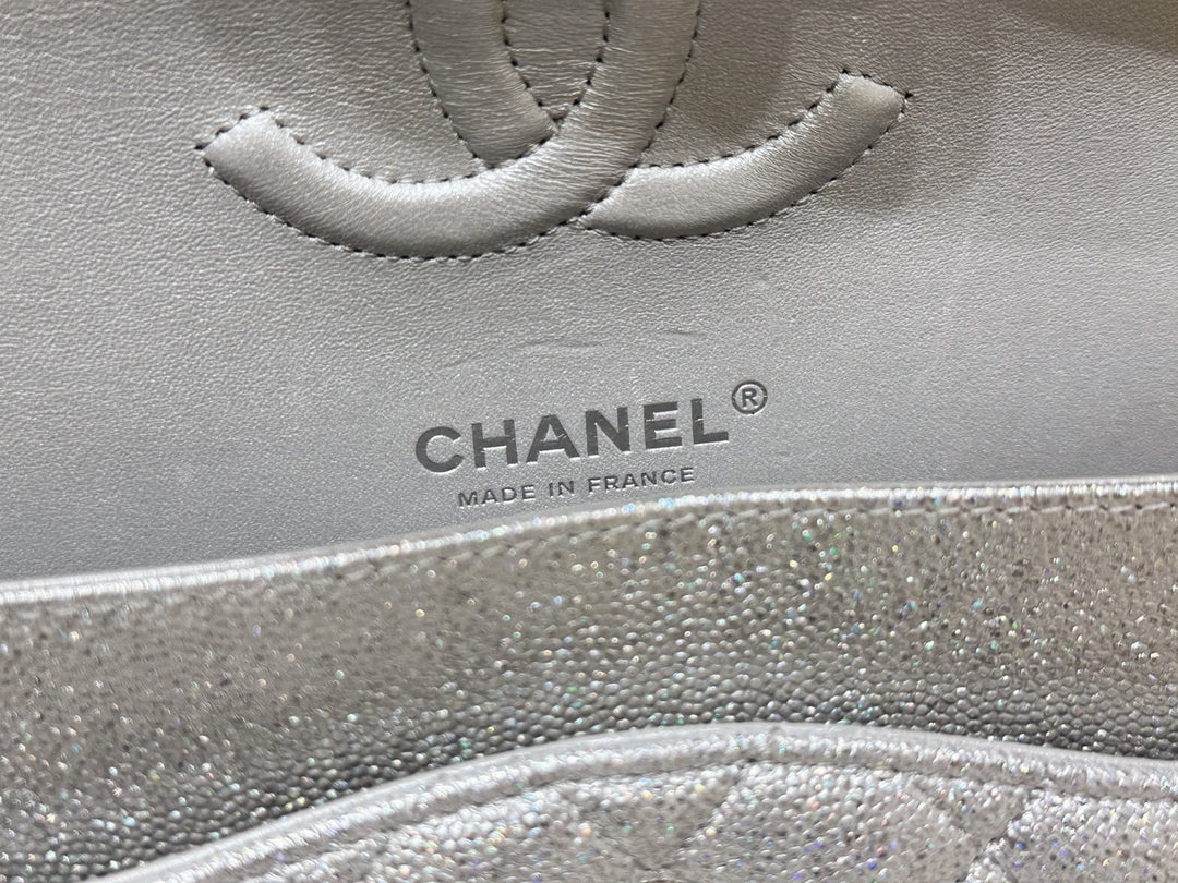 Chanel 21K Medium Flap Bag Silver Metallic Caviar Leather Silver Tone Hardware 2021
