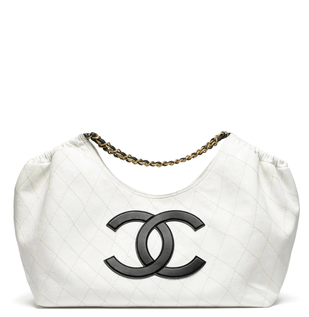 Chanel Coco Beach Maxi Shopping Bag White Denim Black Calfskin Gold Hardware 2026