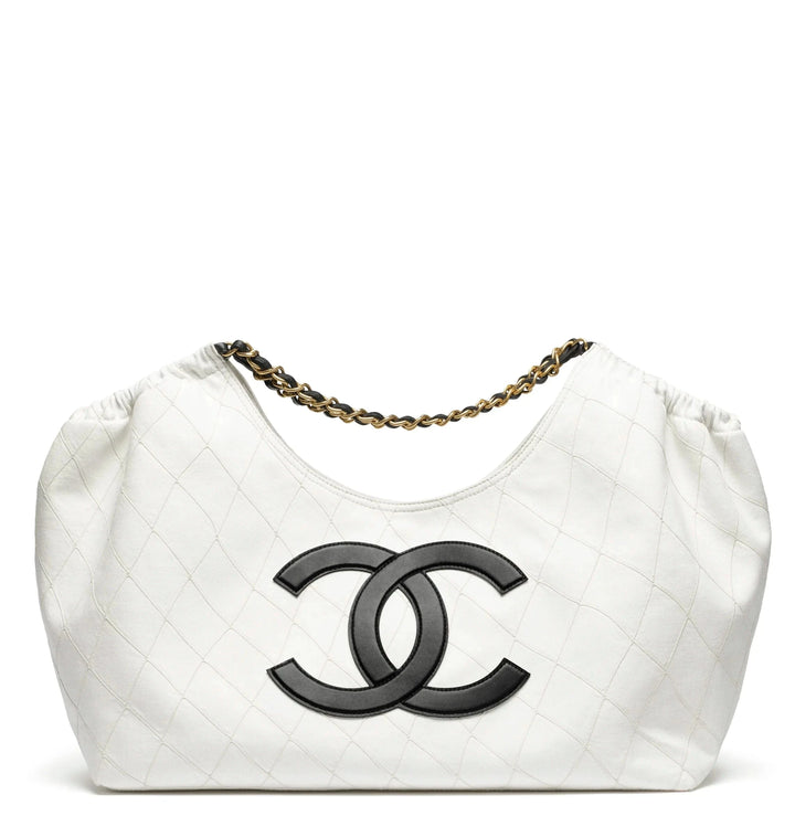 Chanel Coco Beach Maxi Shopping Bag White Denim Black Calfskin Gold Hardware 2026