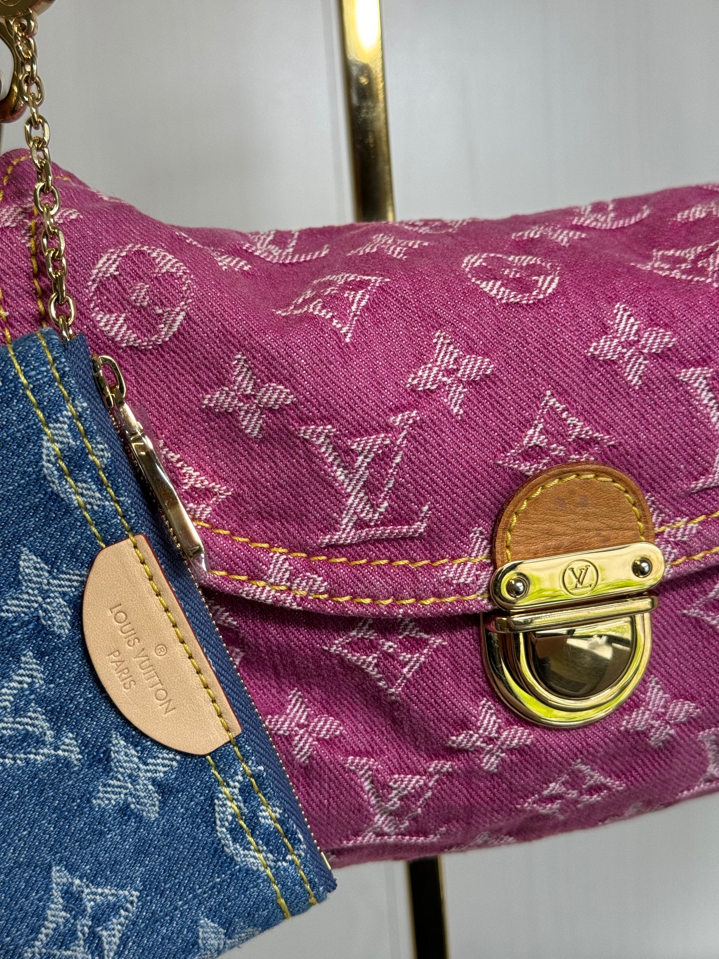 Louis Vuitton Pink Monogram Denim Mini Pleaty + Coin Pouch