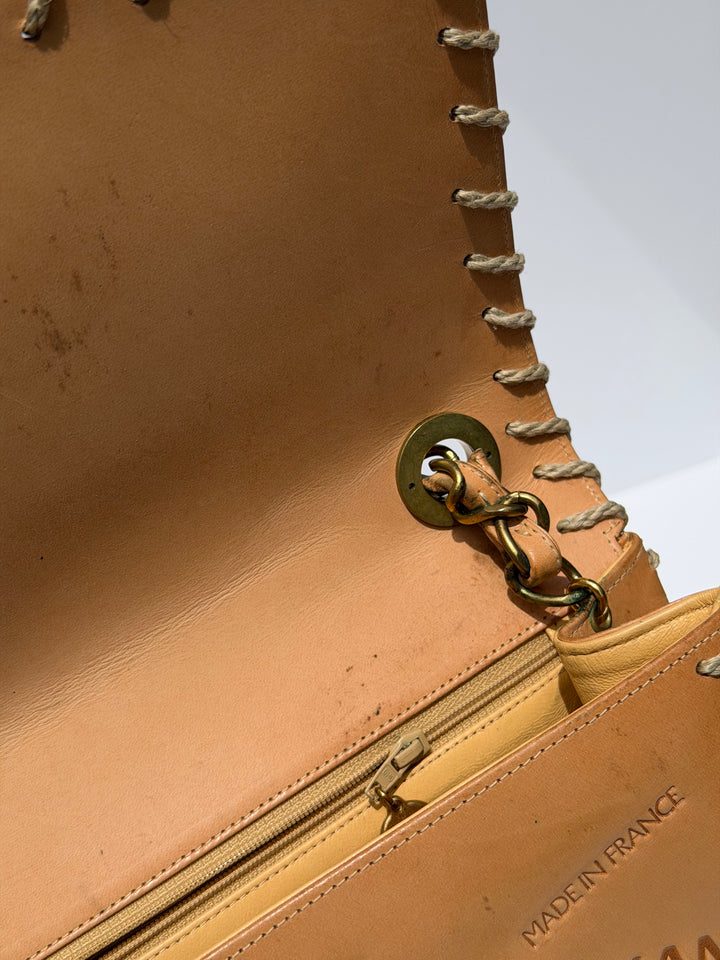 Chanel Jumbo Classic Flap Bag Tan Debossed Logo Calfskin Whipstitched Gold Hardware 1994