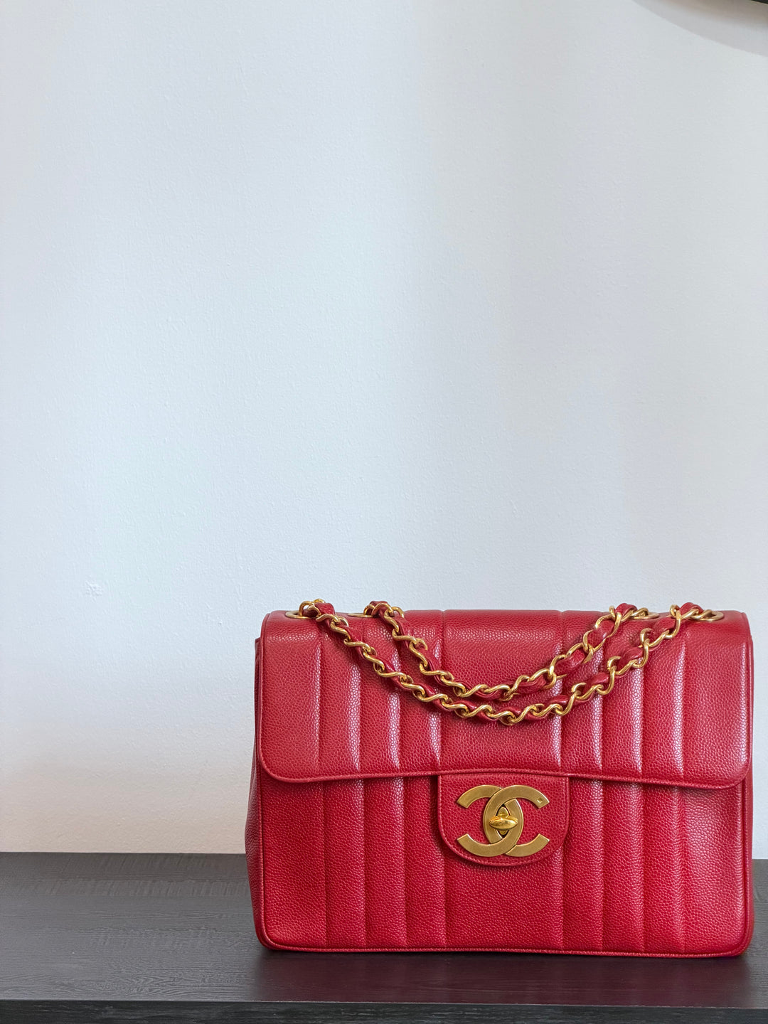 Chanel Vertical Flap Jumbo Red Caviar 24K Gold Plated Hardware 1994