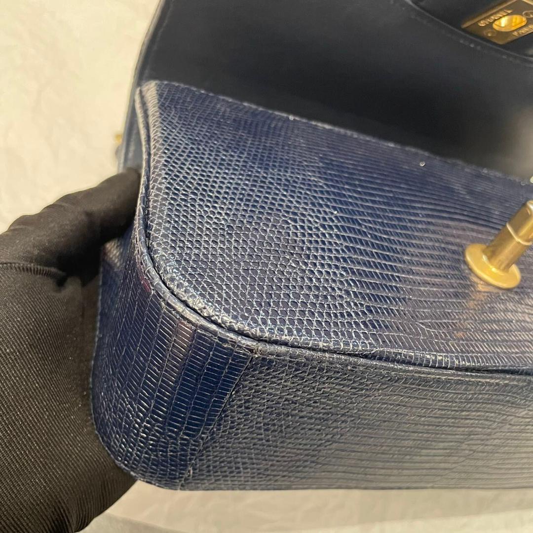 Chanel Navy Blue Lizard Mini Flap Brushed Gold Hardware 2018