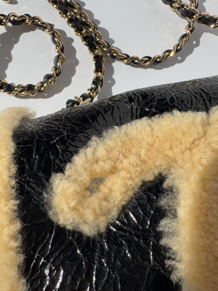 Chanel Black Shiny Crumpled Sheepskin and Shearling Mania Flap