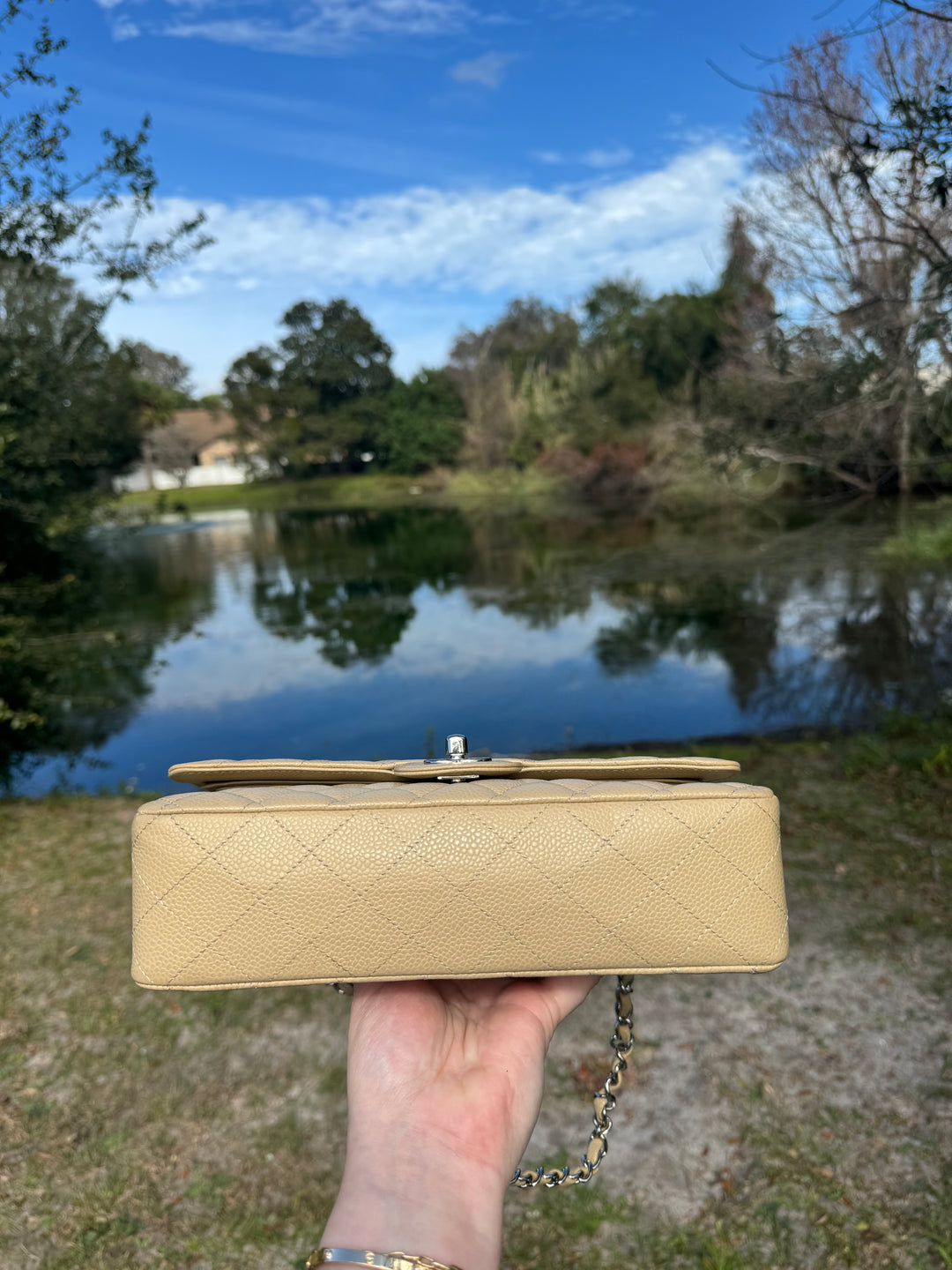 Chanel 2003 Beige Medium Caviar Classic Flap