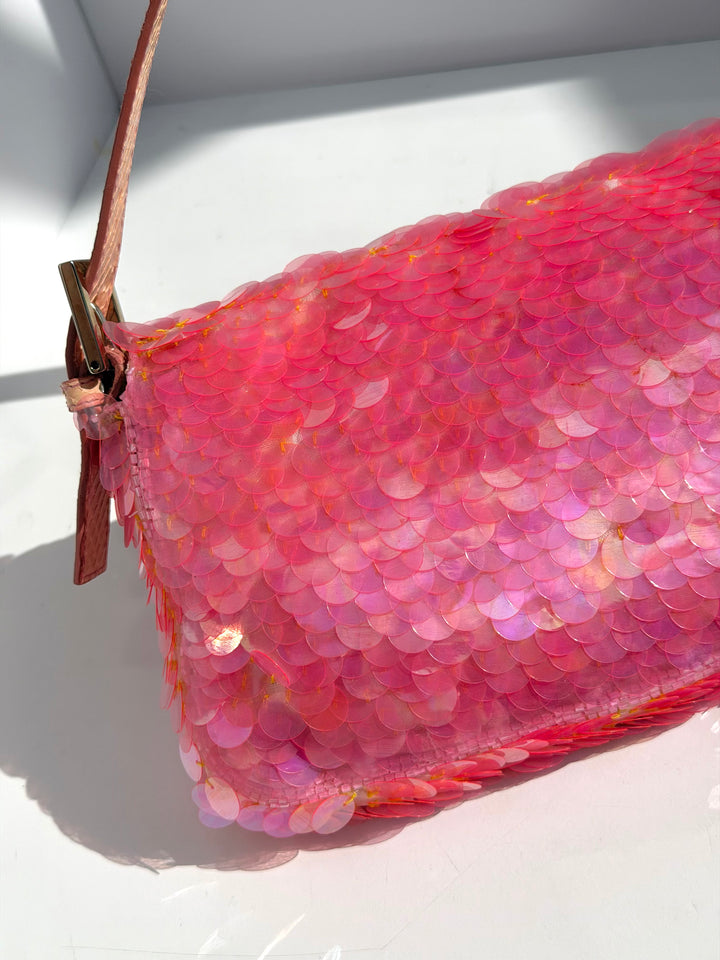 Fendi Pink Sequin Baguette Python Trim Silver Hardware 1998