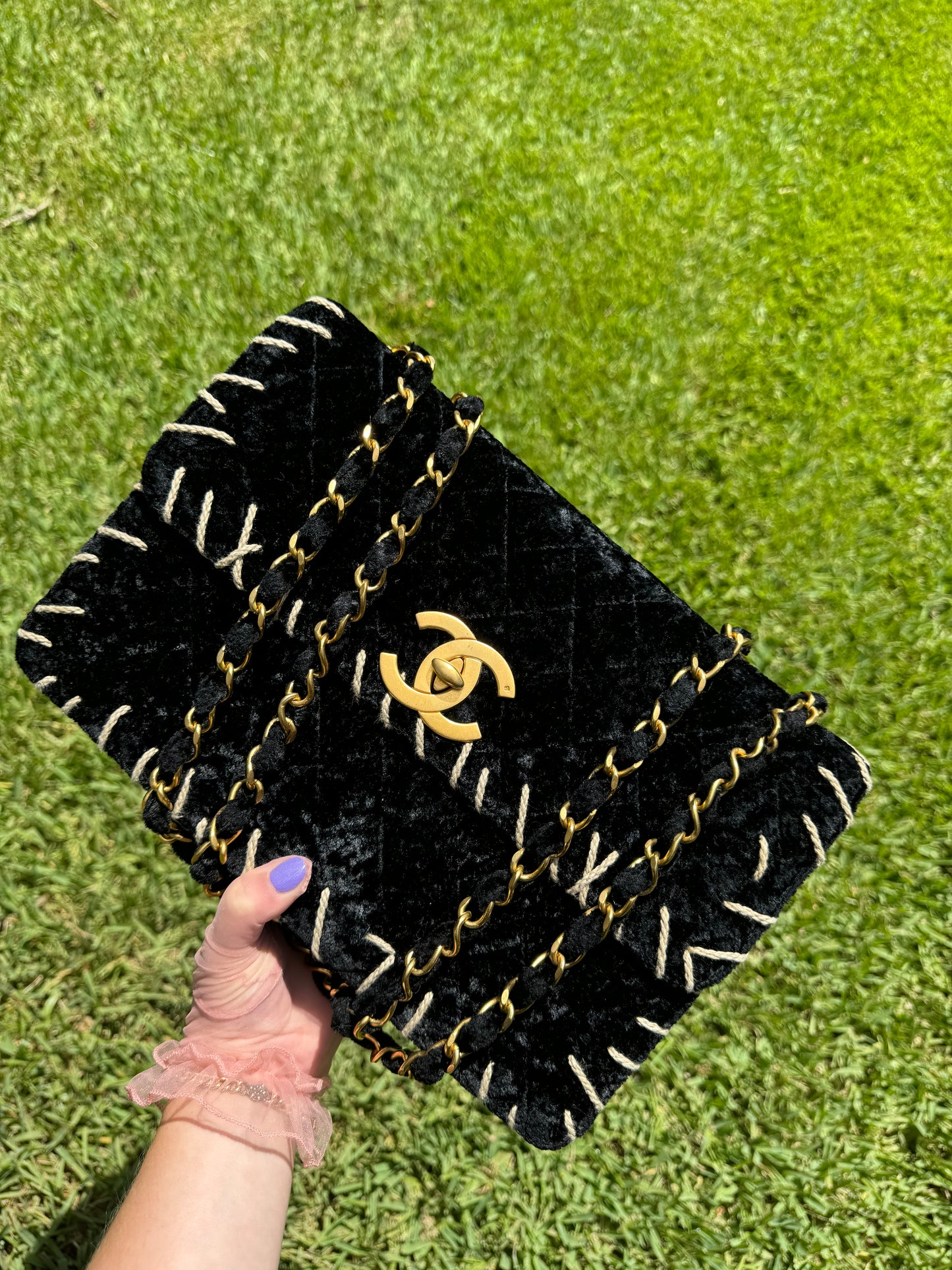 Chanel 1993 Black Velvet Whipstitch CC Flap Bag