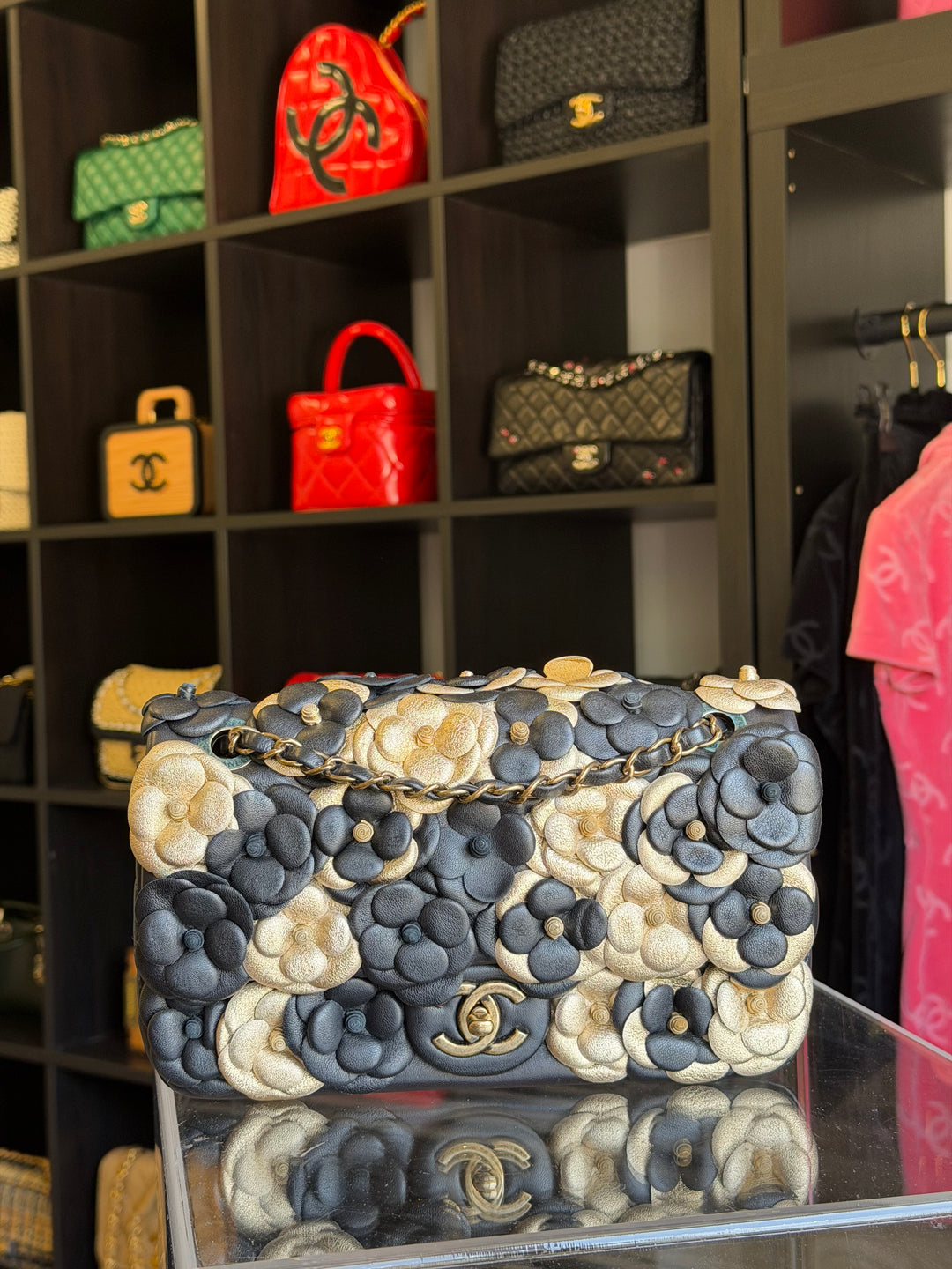 Chanel Metallic Gold and Black Lambskin Camellia Rose Appliqué Medium Flap Bag