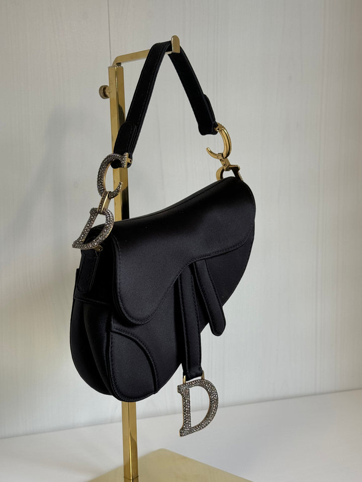 Christian Dior Black Satin Crystal Mini Saddle