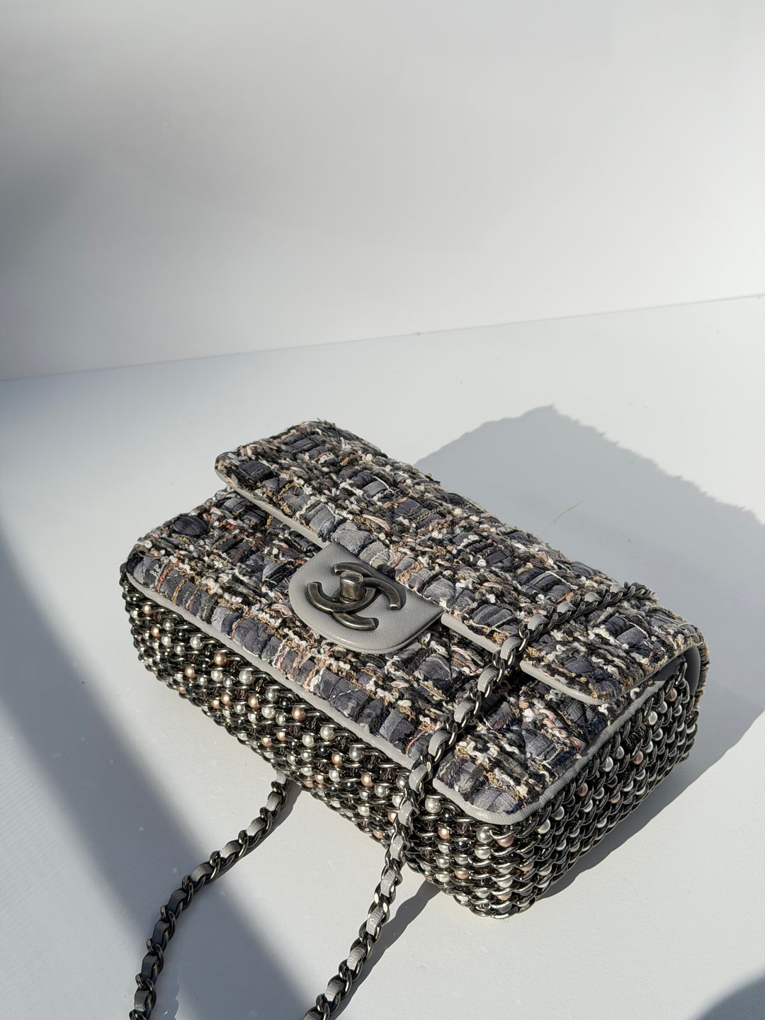Chanel River of Pearls Mini Flap Quilted Tweed Grey Aged Silver Hardware