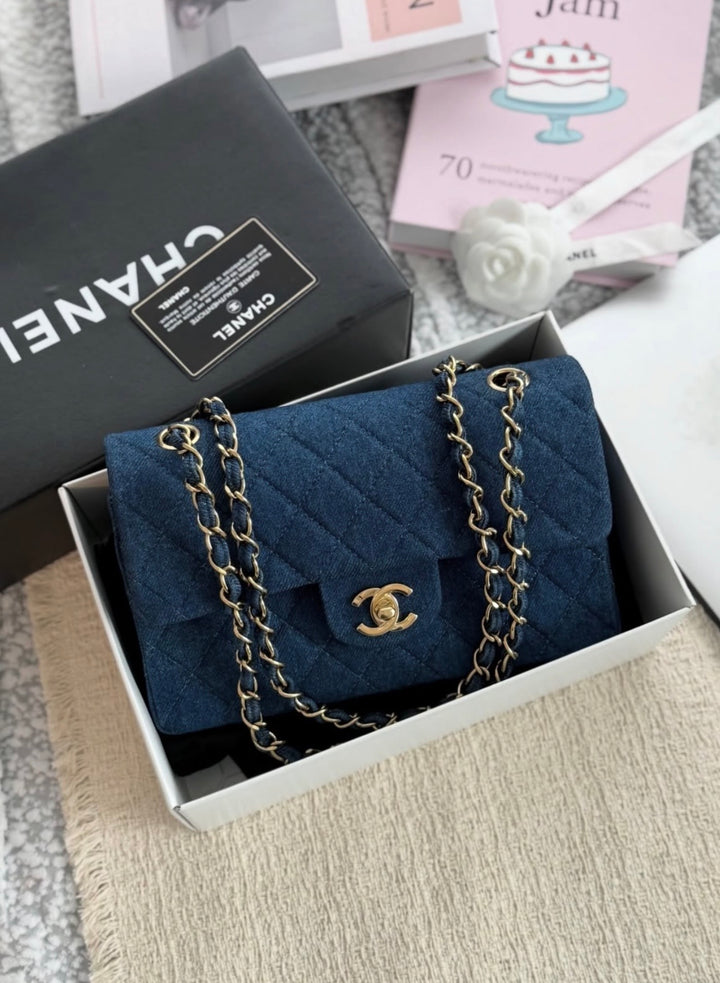 Chanel Small Classic Flap Bag Denim Blue 24K Plated Gold Hardware 1997
