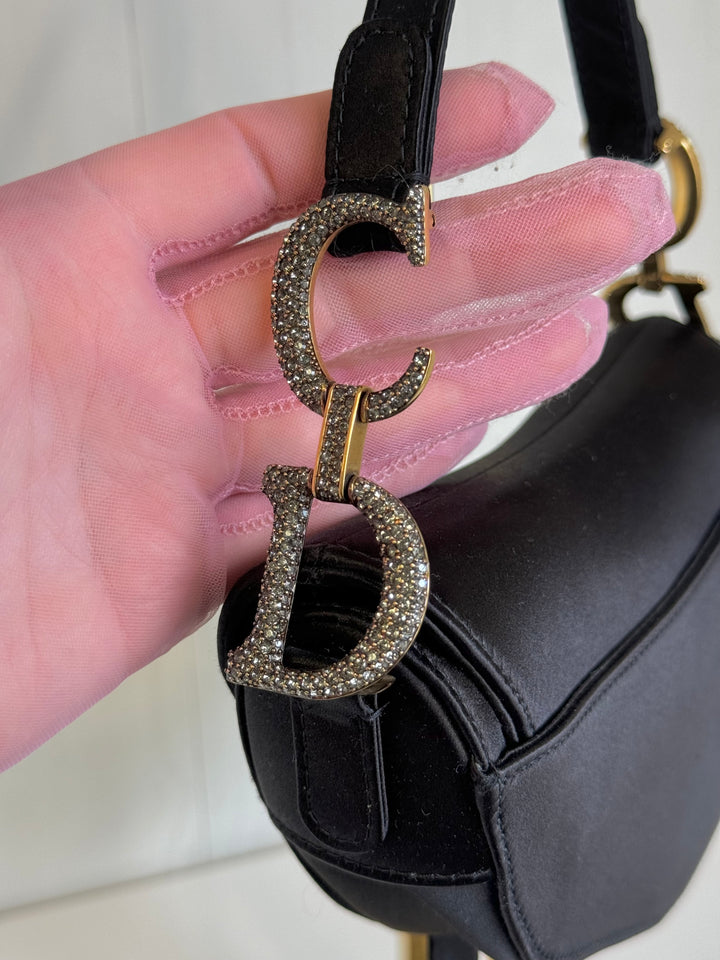 Christian Dior Black Satin Crystal Mini Saddle