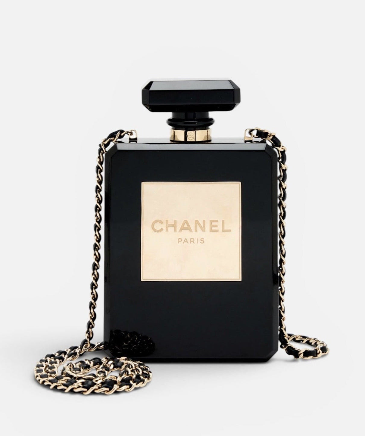 Chanel Perfume Bottle Minaudière Black Acrylic Plexiglass Gold