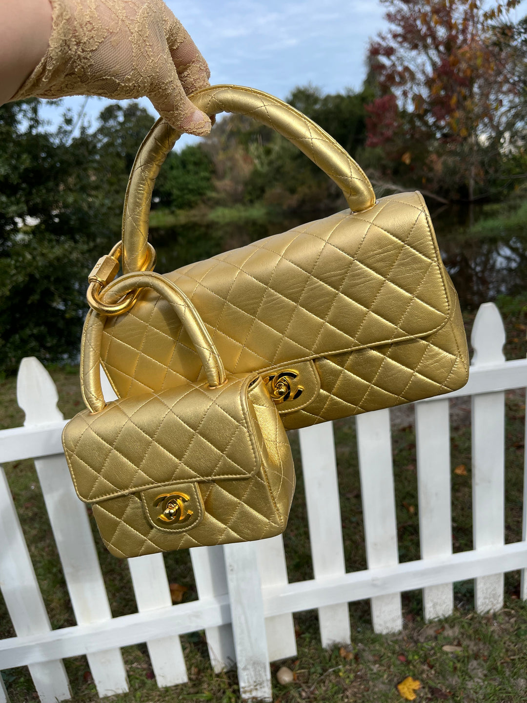 Chanel Vintage Kelly Parent & Child Metallic Lambskin Set