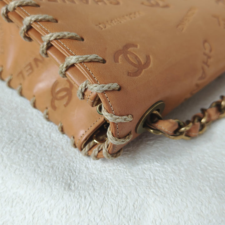 Chanel Maxi Classic Flap Bag Tan Debossed Logo Calfskin Whipstitched Gold Hardware 1994