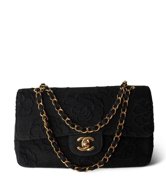 Chanel 1997 Small 24K Black Camellia Classic Flap Bag
