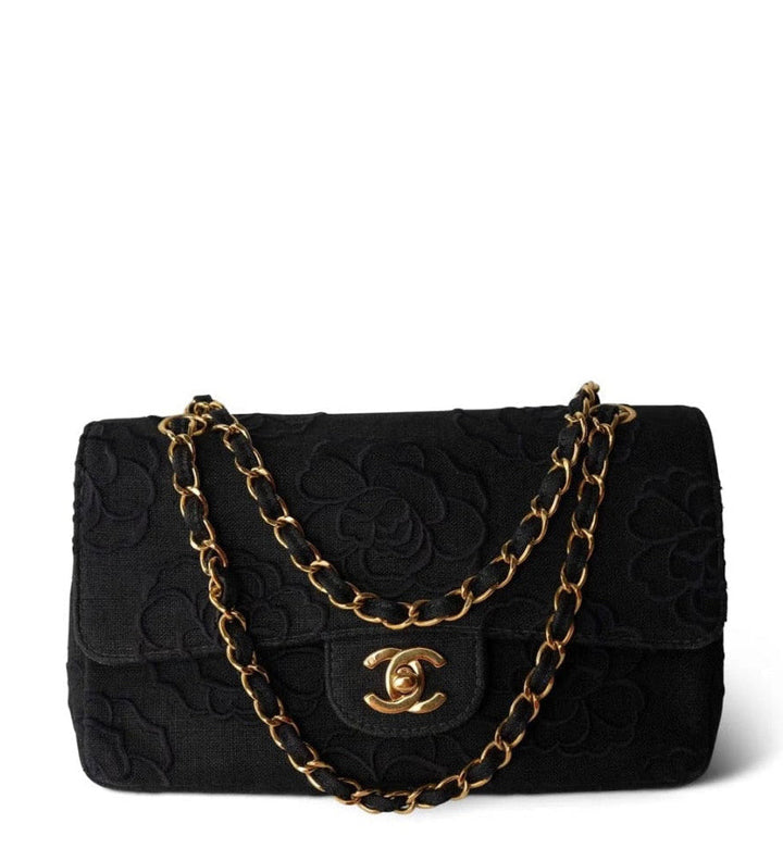 Chanel 1997 Small 24K Black Camellia Classic Flap Bag