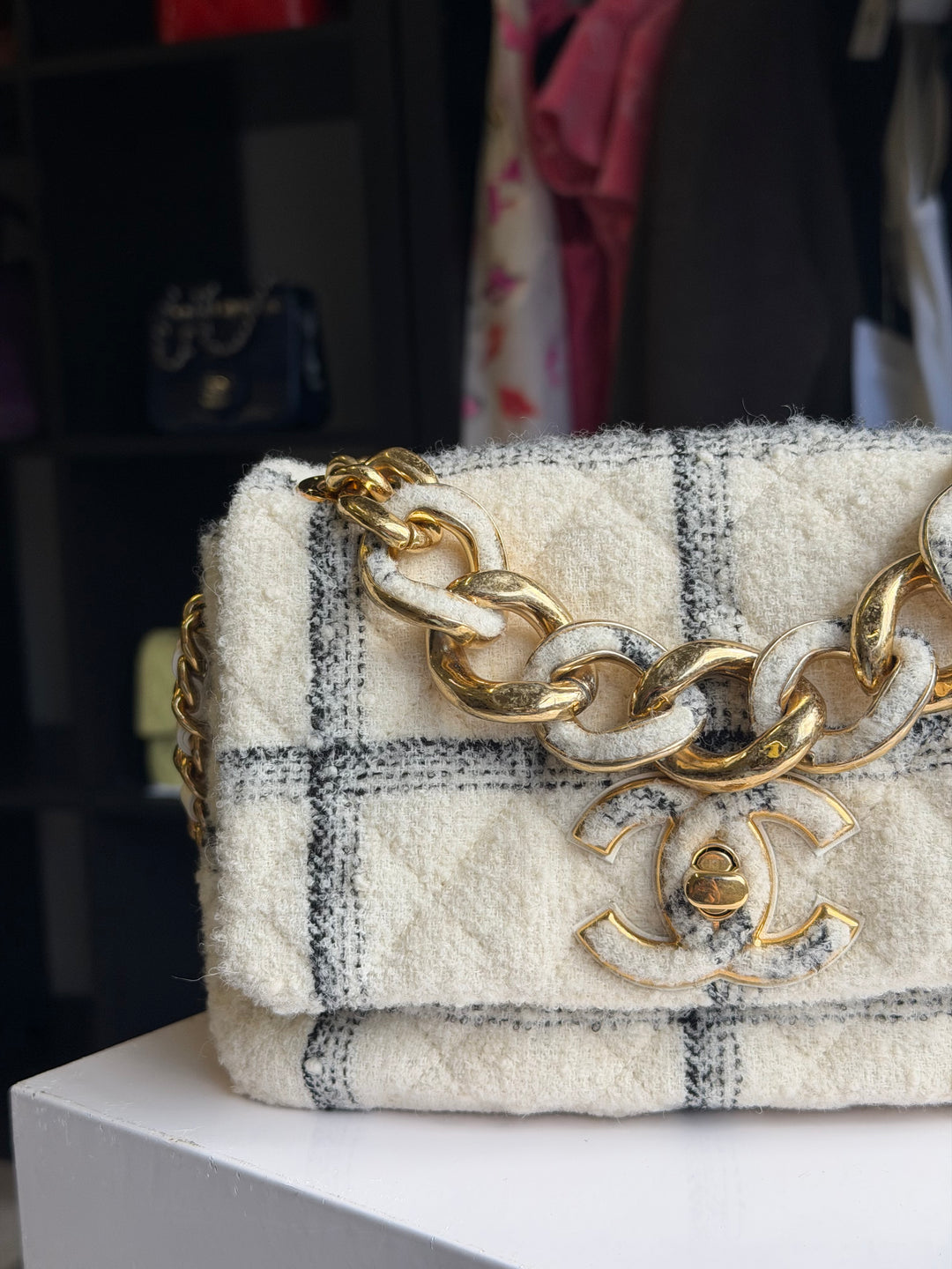 Chanel Small Elegant Chain Flap Wool Tweed White Black Gold Hardware 2022