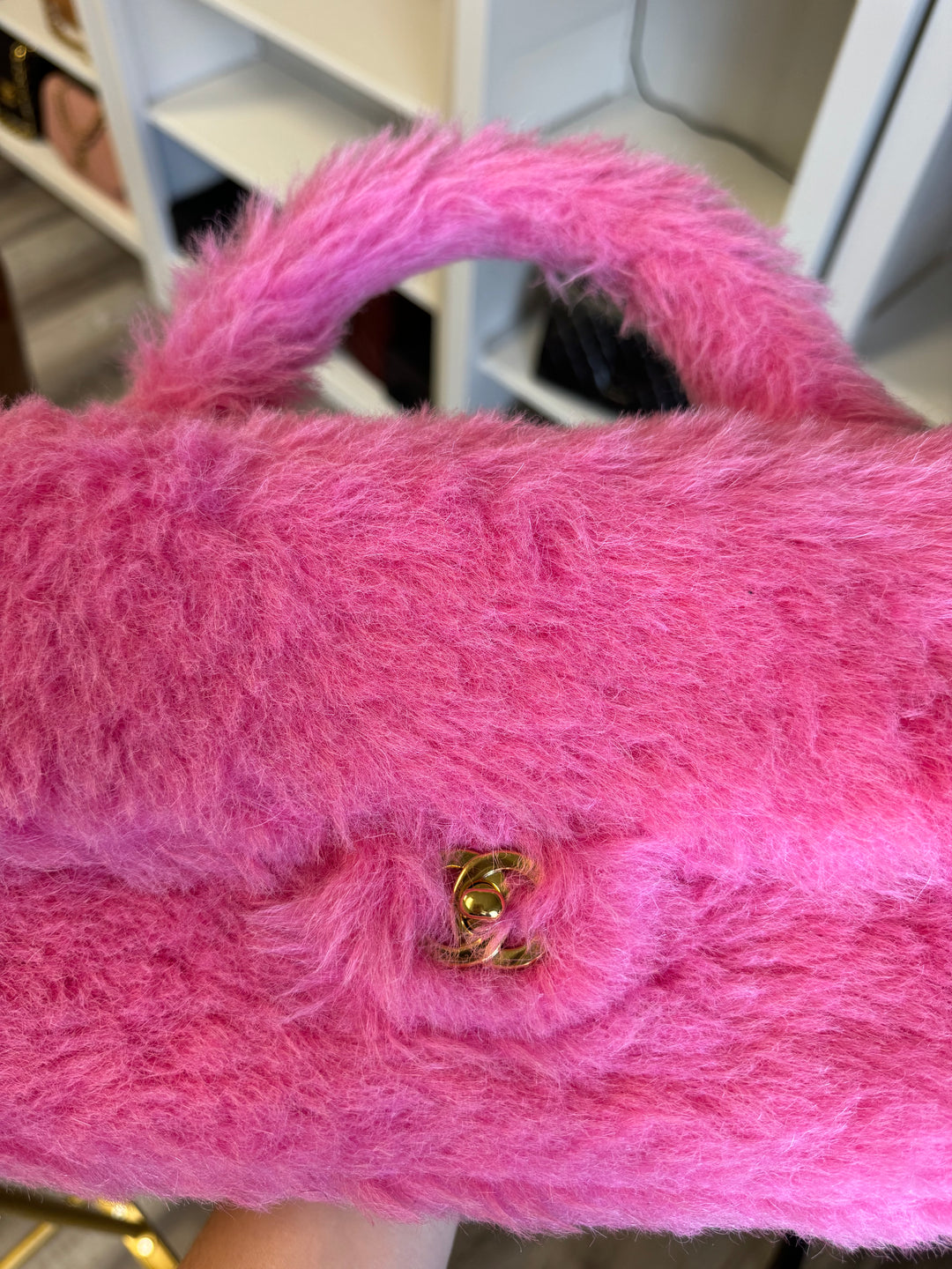 Chanel RARE 1994 Pink Faux Fur Kelly Top Handle