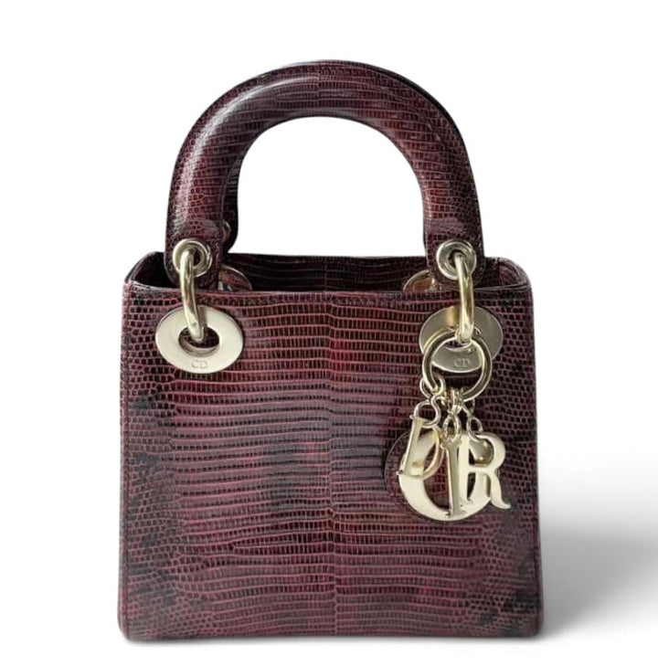 Christian Dior Lady Dior Mini Top Handle Lizard Burgundy Gold Hardware