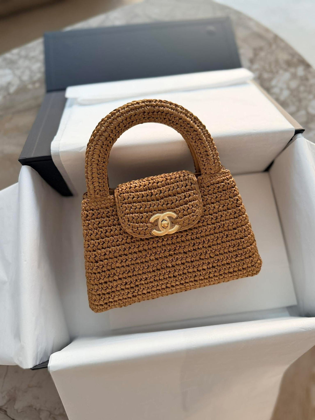Chanel Mini Kelly Bag Tan Braided Raffia Gold Tone Hardware 2026