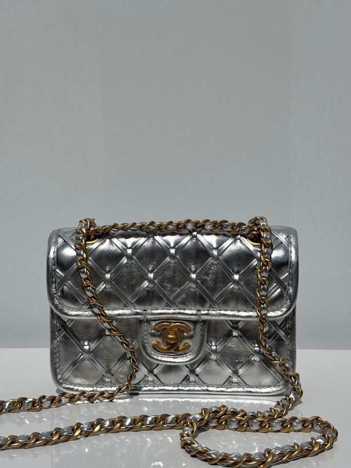 Chanel Silver Metallic Mini Braided Calfskin Flap Bag