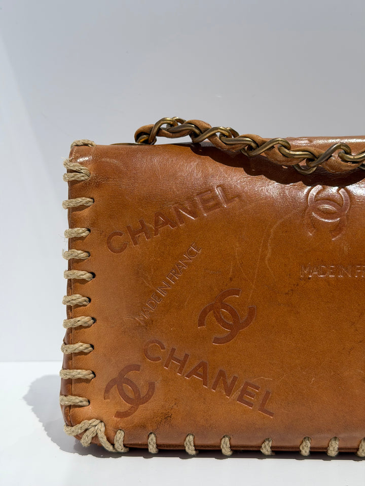 Chanel Half Flap Bag Tan Debossed Logo Calfskin Whipstitched Gold Hardware 1994