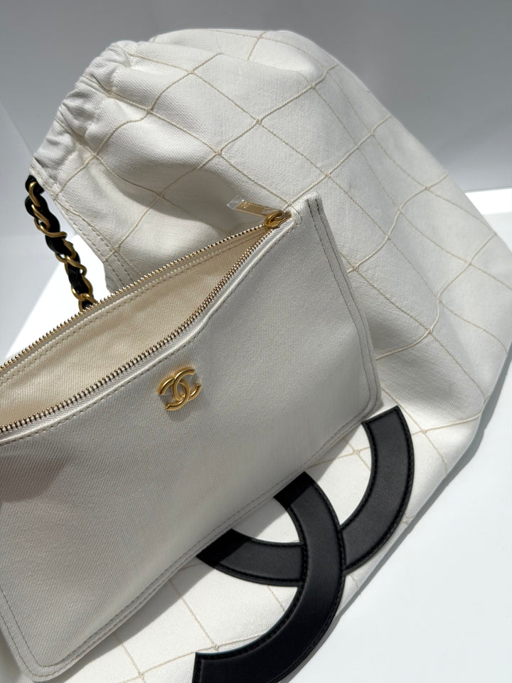 Chanel Coco Beach Maxi Shopping Bag White Denim Black Calfskin Gold Hardware 2026