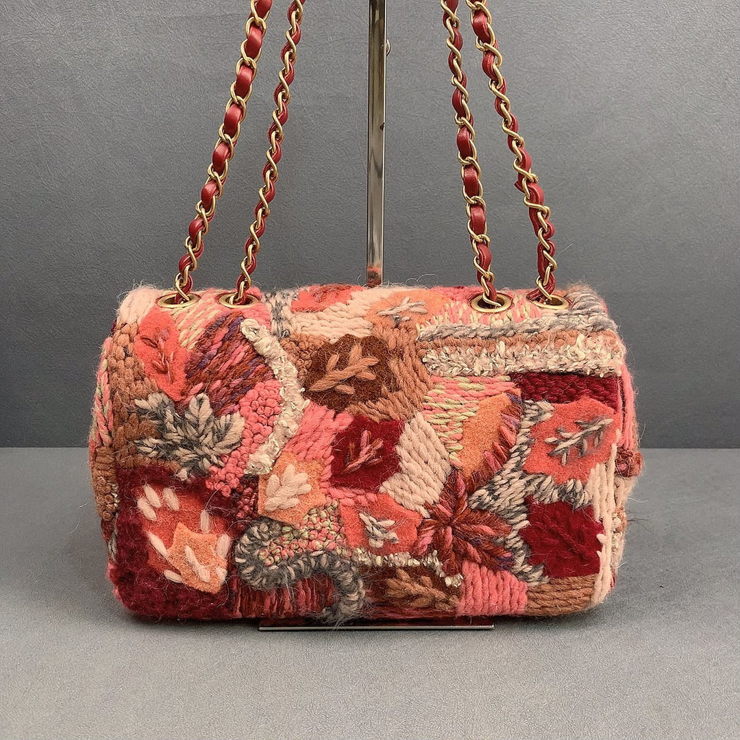 Chanel Embroidered Wool Medium Flap Bag Red Multicolor Gold Hardware 2018