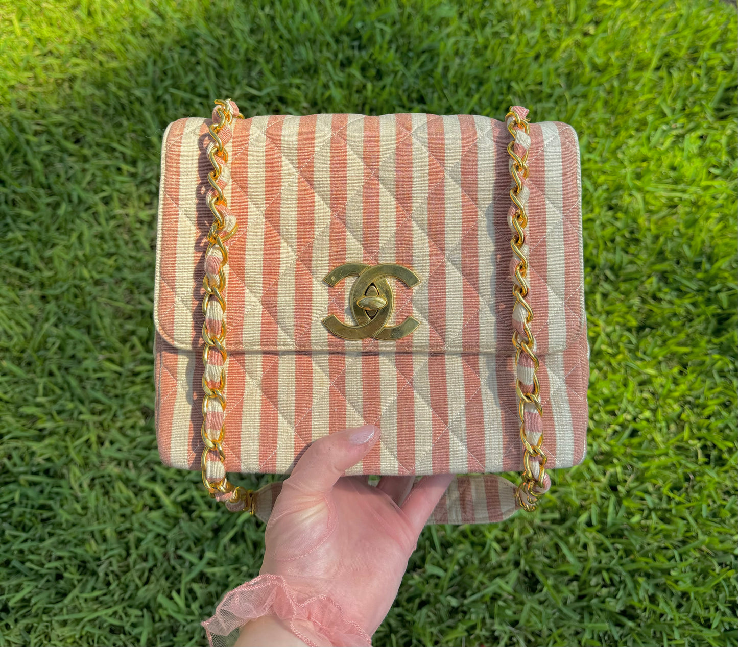 Chanel 24K Vintage Pink Striped Large Flap