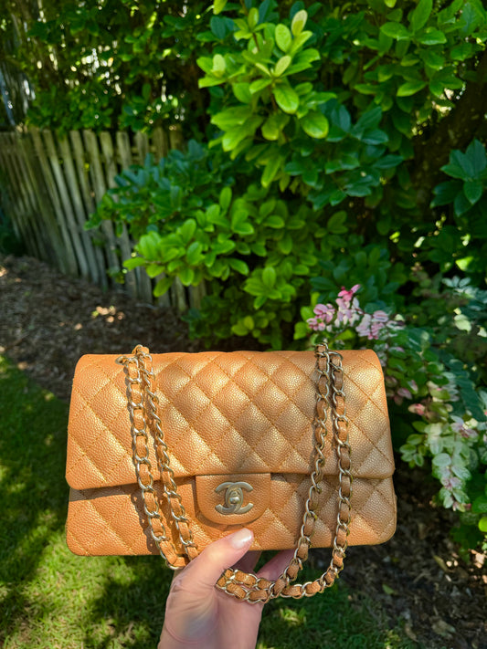 Chanel Copper Gold Metallic Medium Caviar Double Flap Bag