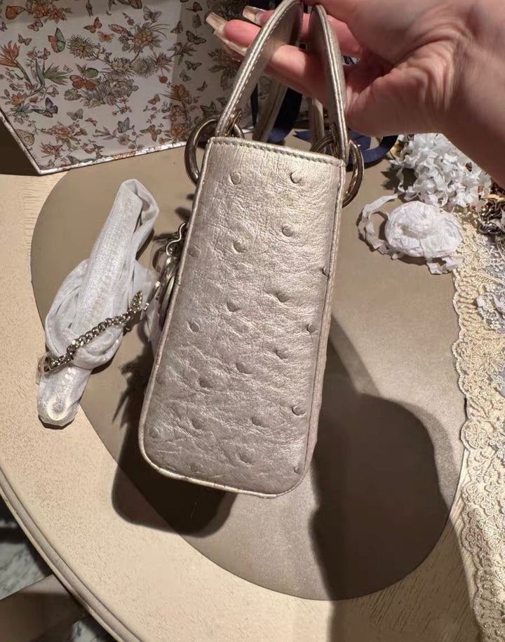 Lady Dior Champagne Ostrich Mini Top Handle
