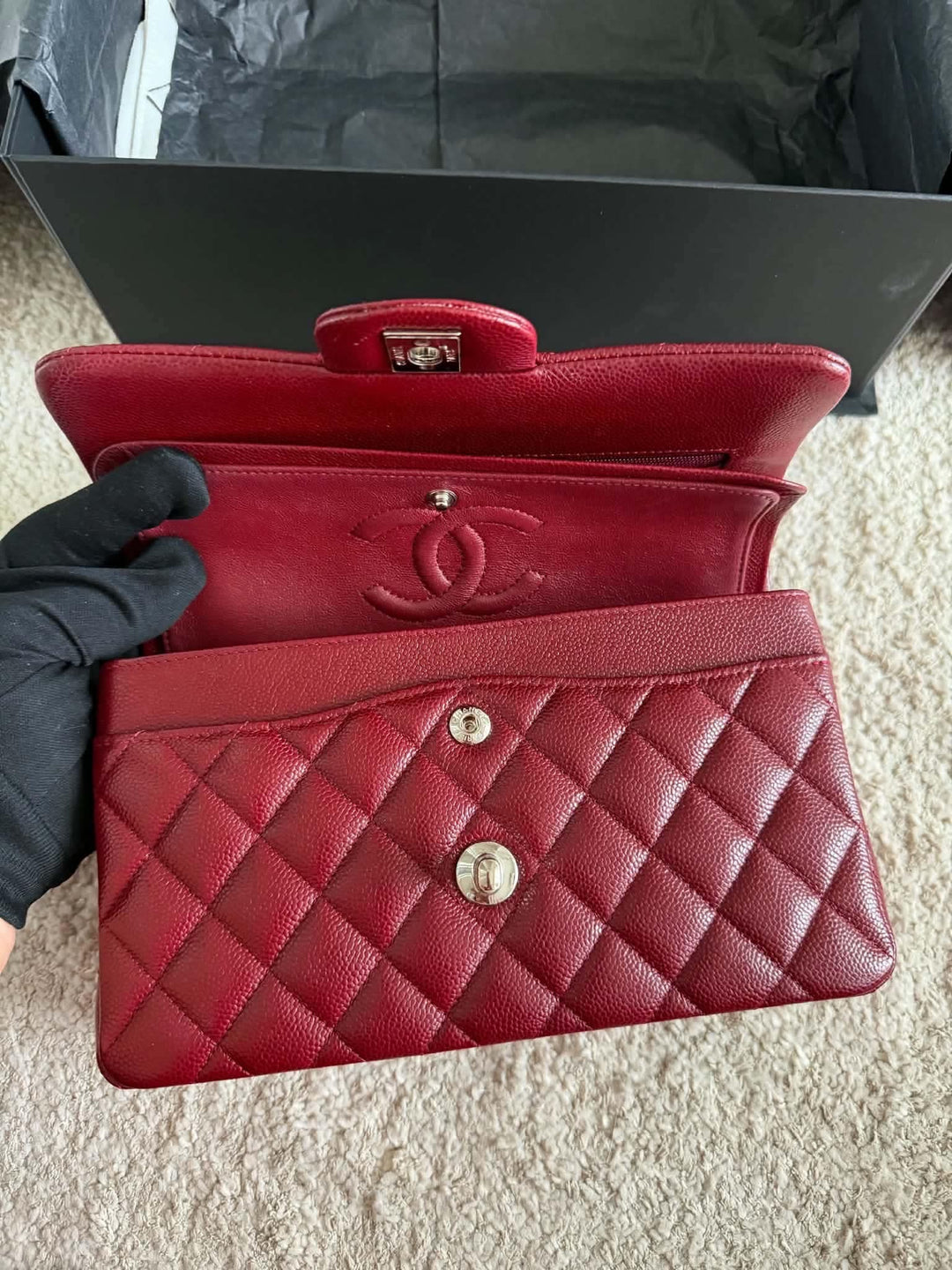 Chanel Small Classic Double Flap Caviar Wine Red Silver Hardware 2020