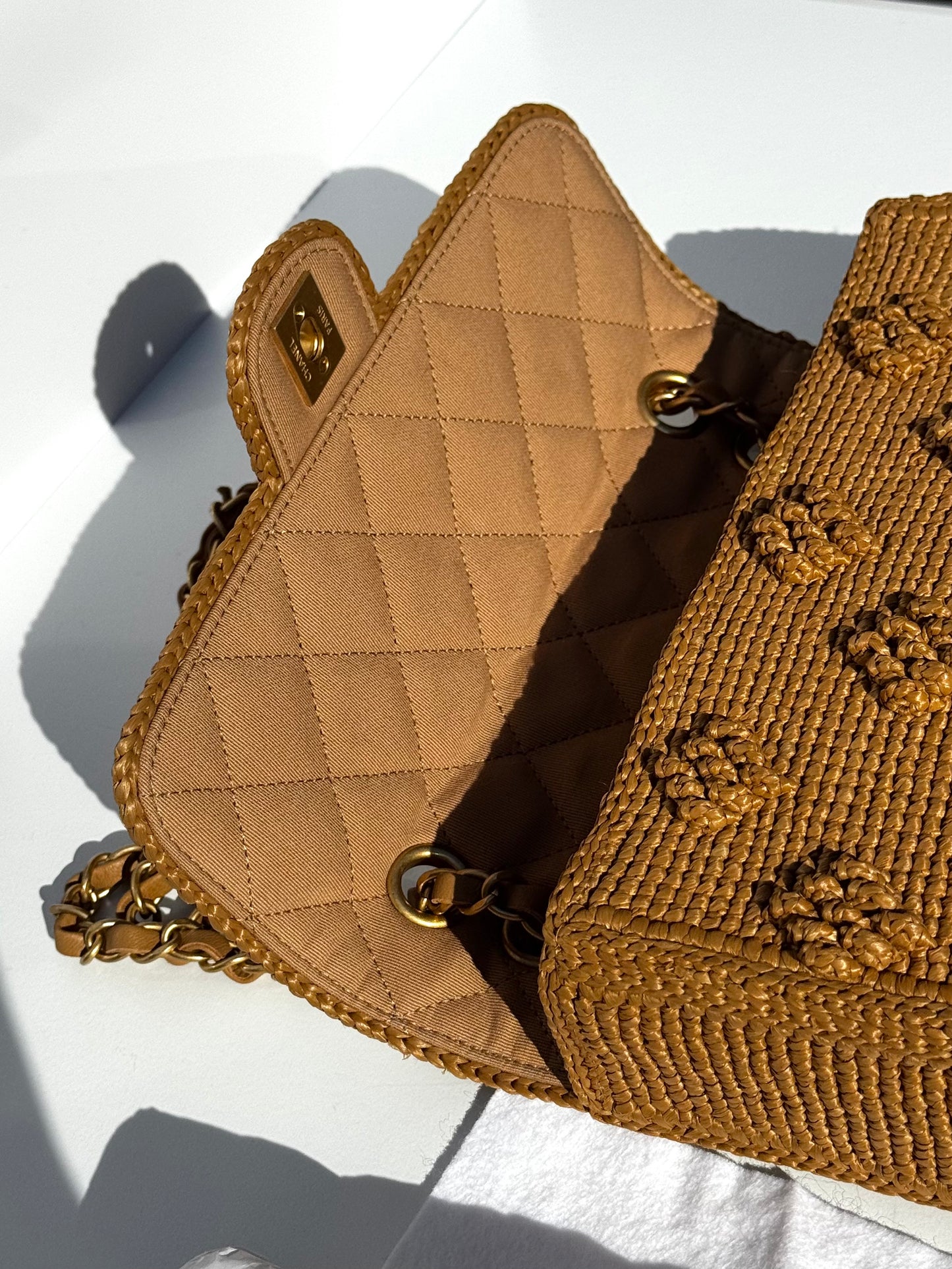 Chanel 24P Tan Braided Raffia Medium Flap Bag