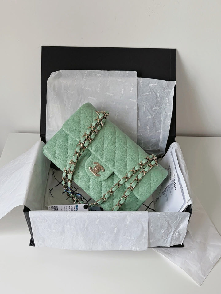 Chanel Small Classic Double Flap Caviar Green Light Gold Hardware 2023