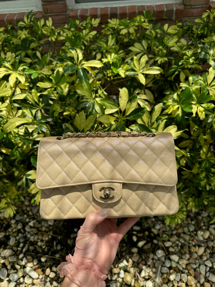 Chanel 19S Beige Iridescent Medium Caviar Classic Flap