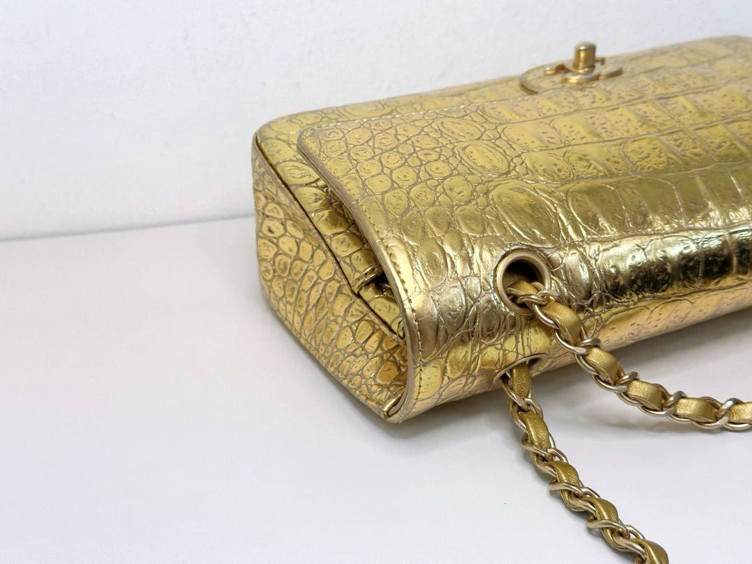 Chanel Metallic Gold Croc Embossed Medium Classic Flap Bag
